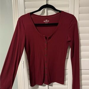 Hollister Women's Burgundy Ribbed Slim Tee long sleeve with Button